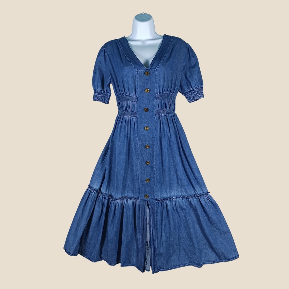 Chambray Denim Midi Dress Medium Blue Smocked Waist Tiered Button Front Prairie